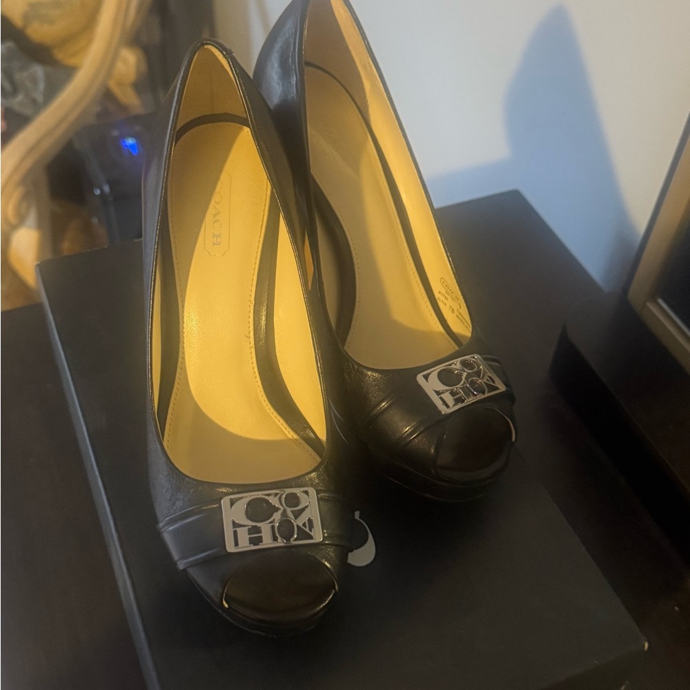 Coach Black Peep-Toe Heels with Silver Accent